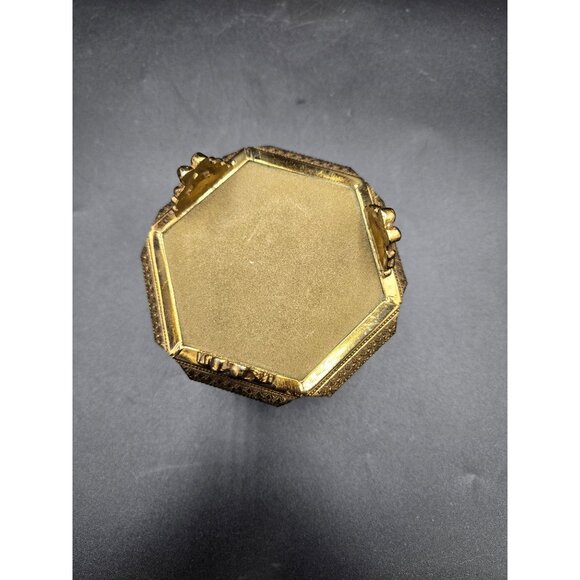 Vintage Ornate Brass & Glass Hexagon Jewelry Box with Filigree Detailing - Picture 10 of 10
